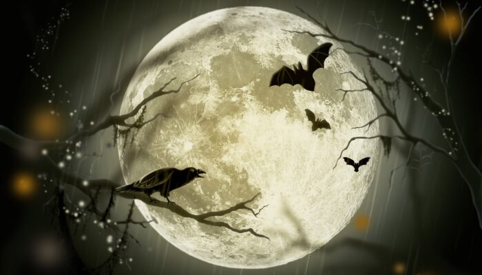 halloween moon with bats and a crow
