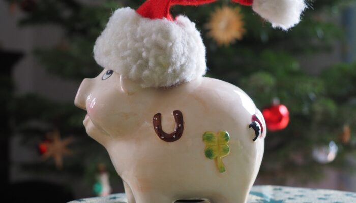 piggy bank wearing a santa hat